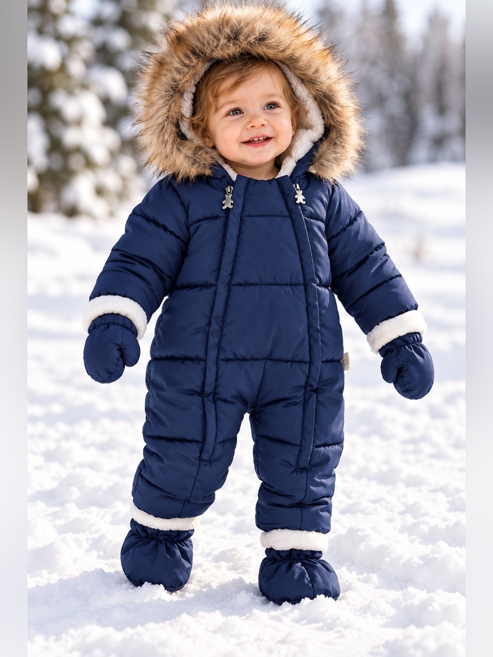 NWOT MurmurBear Baby 12-18M Navy Puffer Snowsuit Faux Fur Hood Mittens Booties